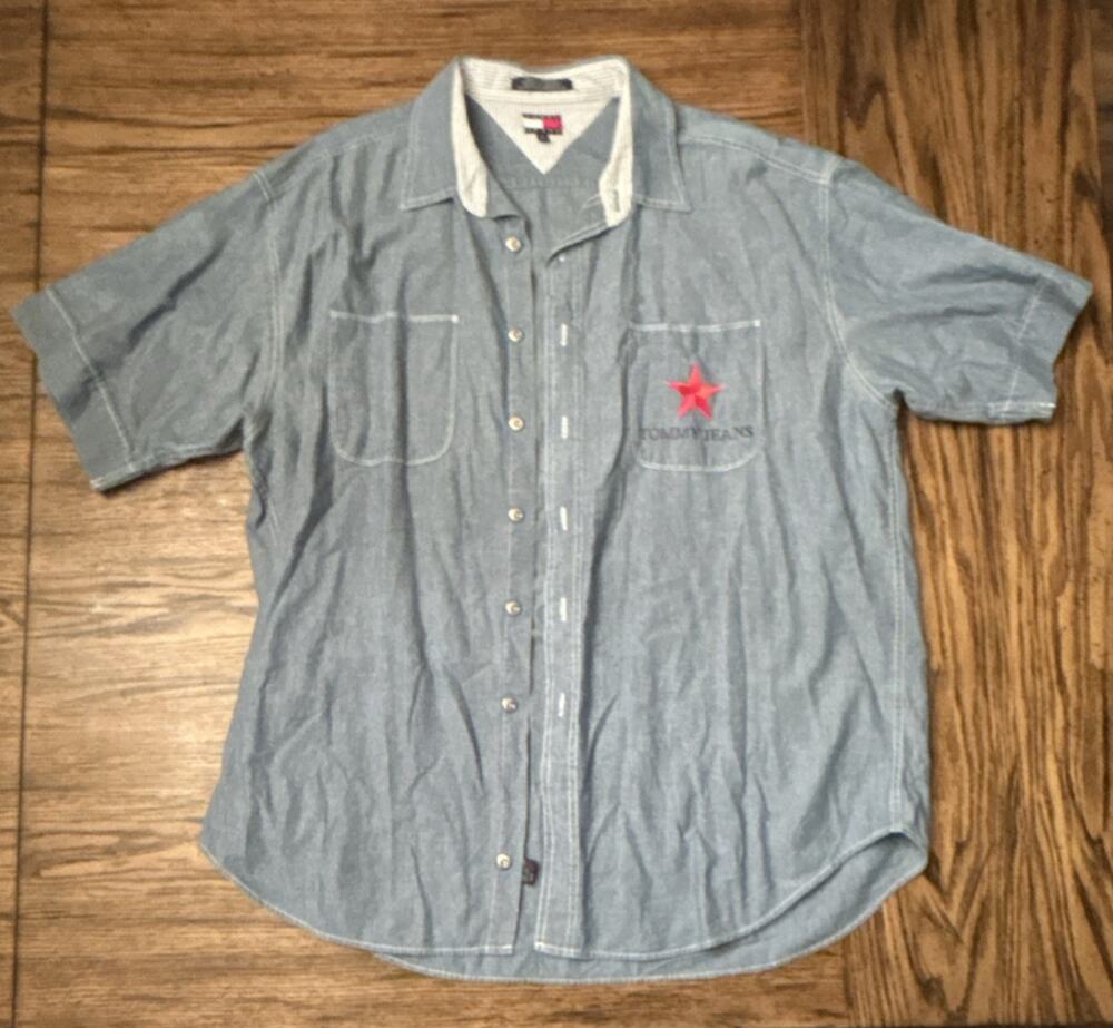 Vintage Tommy Jeans Mens Denim Short Sleeve Button Down Size XL;Star Logo pocket